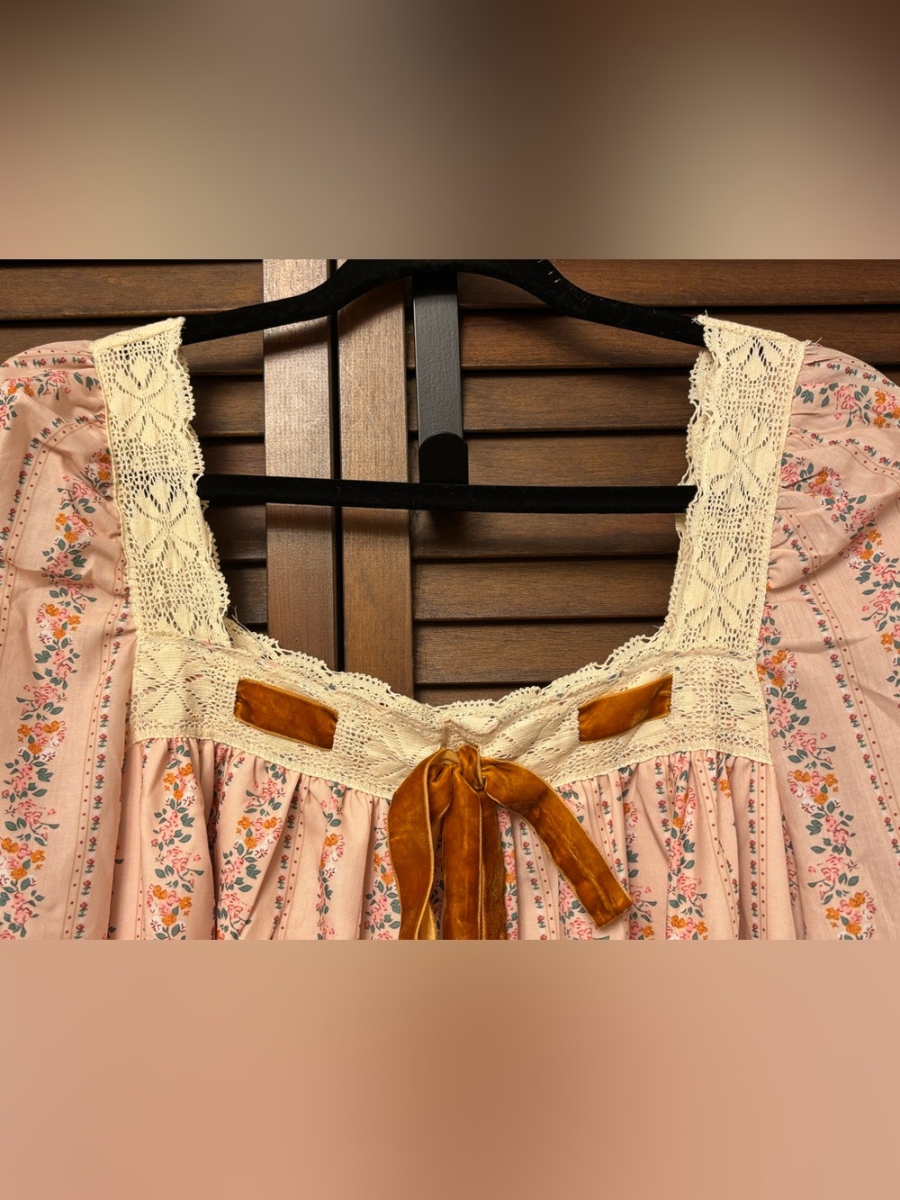 Peach Floral Long-Sleeve Peasant Dress with Velvet Bow & Lace Trim - Picture 4 of 13